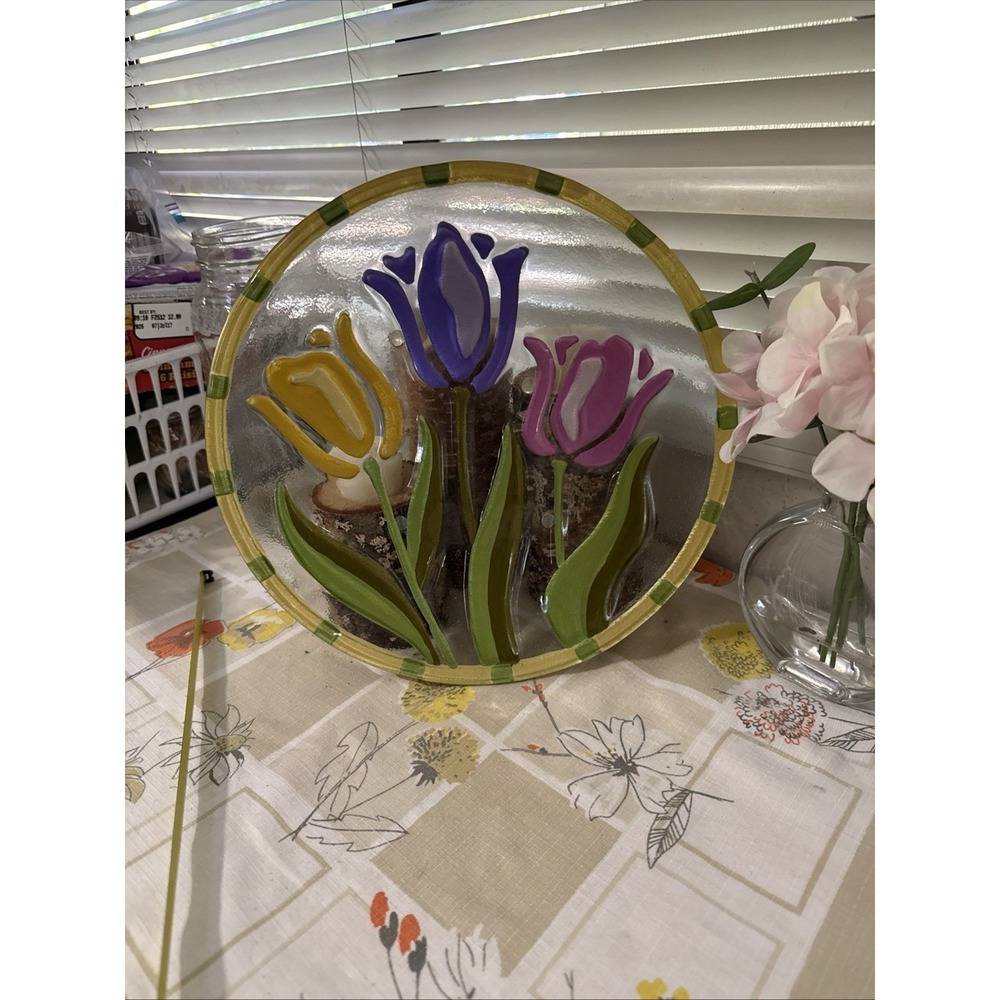 3 Tulips Fused On Glass Plate 11 X 11" With Rubber Stops For Centerpiece Dispy